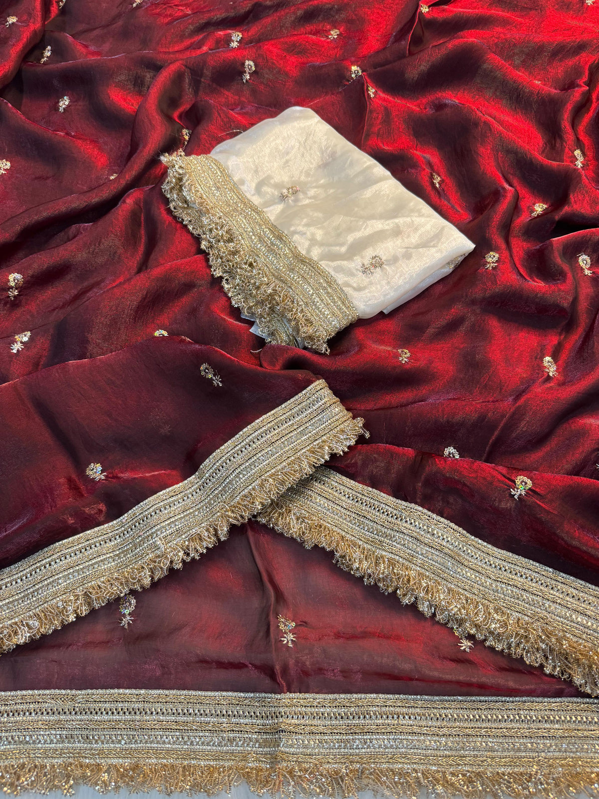 Fendy satin embroidery buti saree with sabhyasachi lace