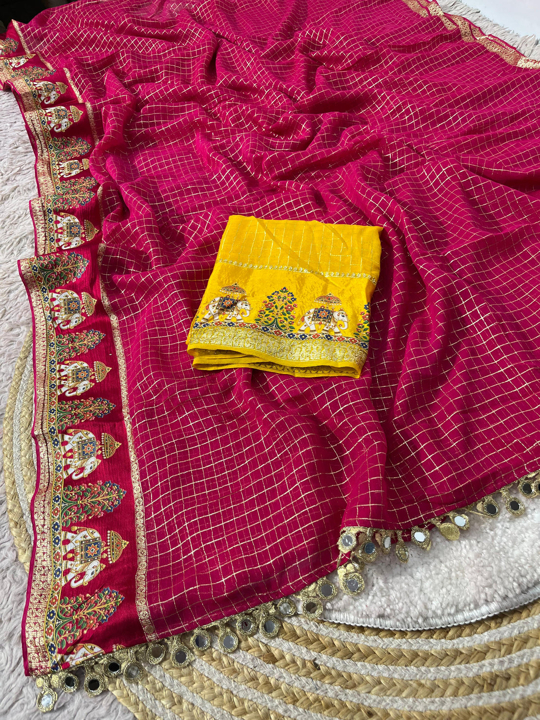 Viscose checks mirror work border saree ✨