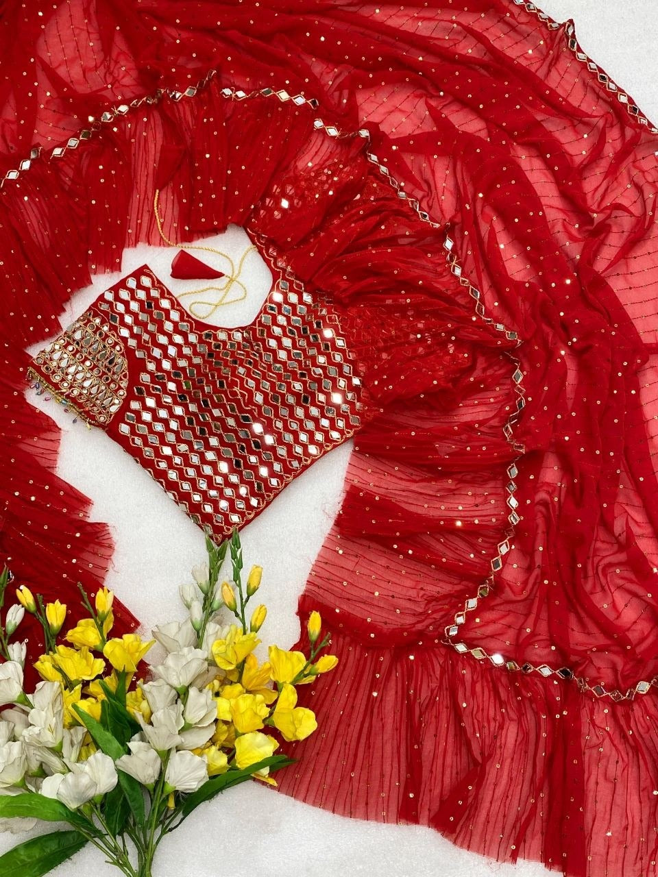 Red real mirror work ruffle saree