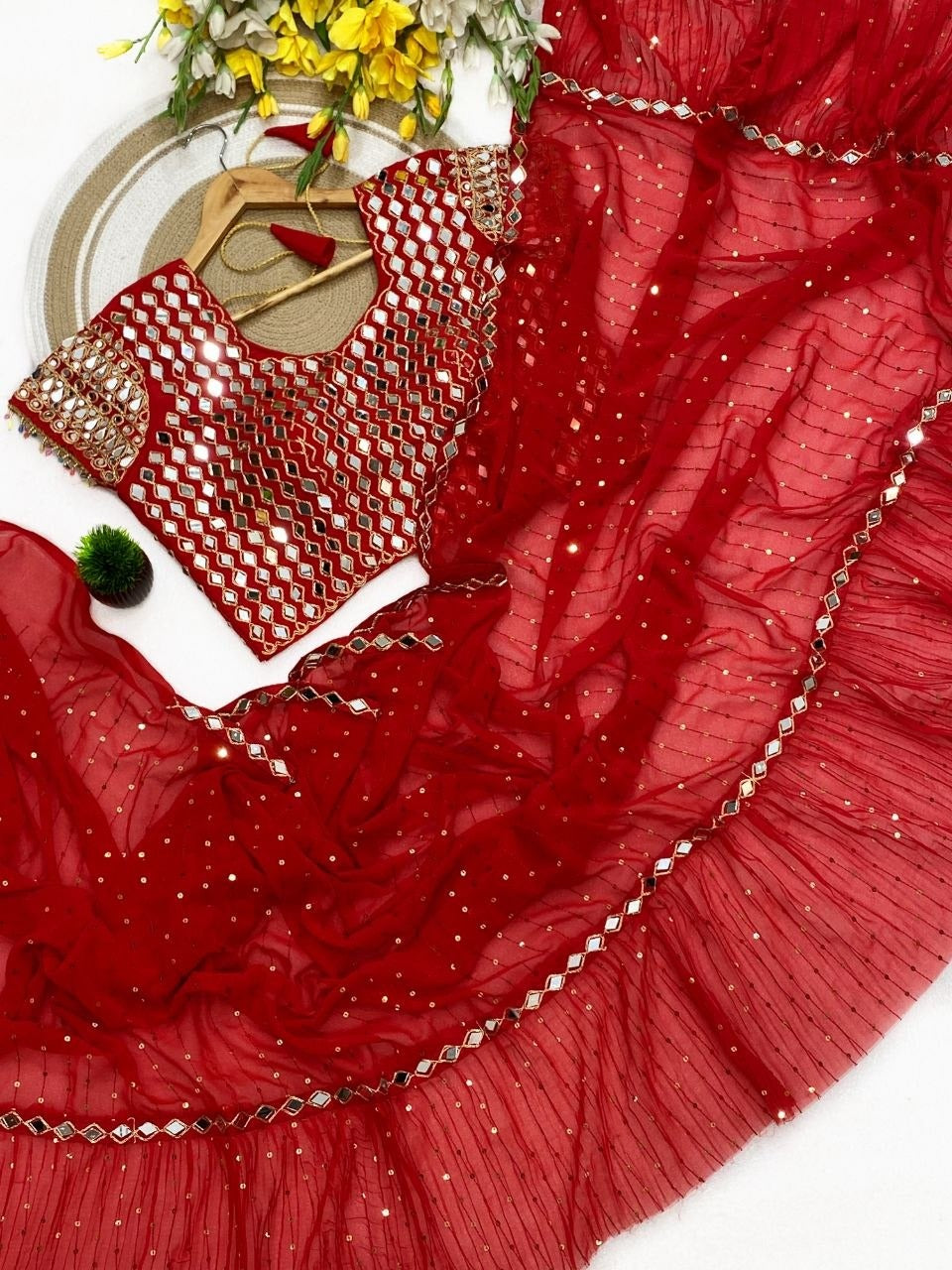 Red real mirror work ruffle saree