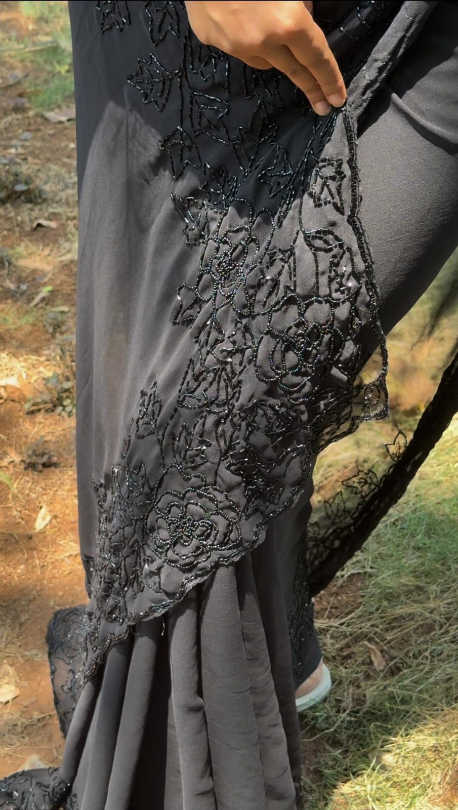 Black georgette flower creeper hand kadhana work saree
