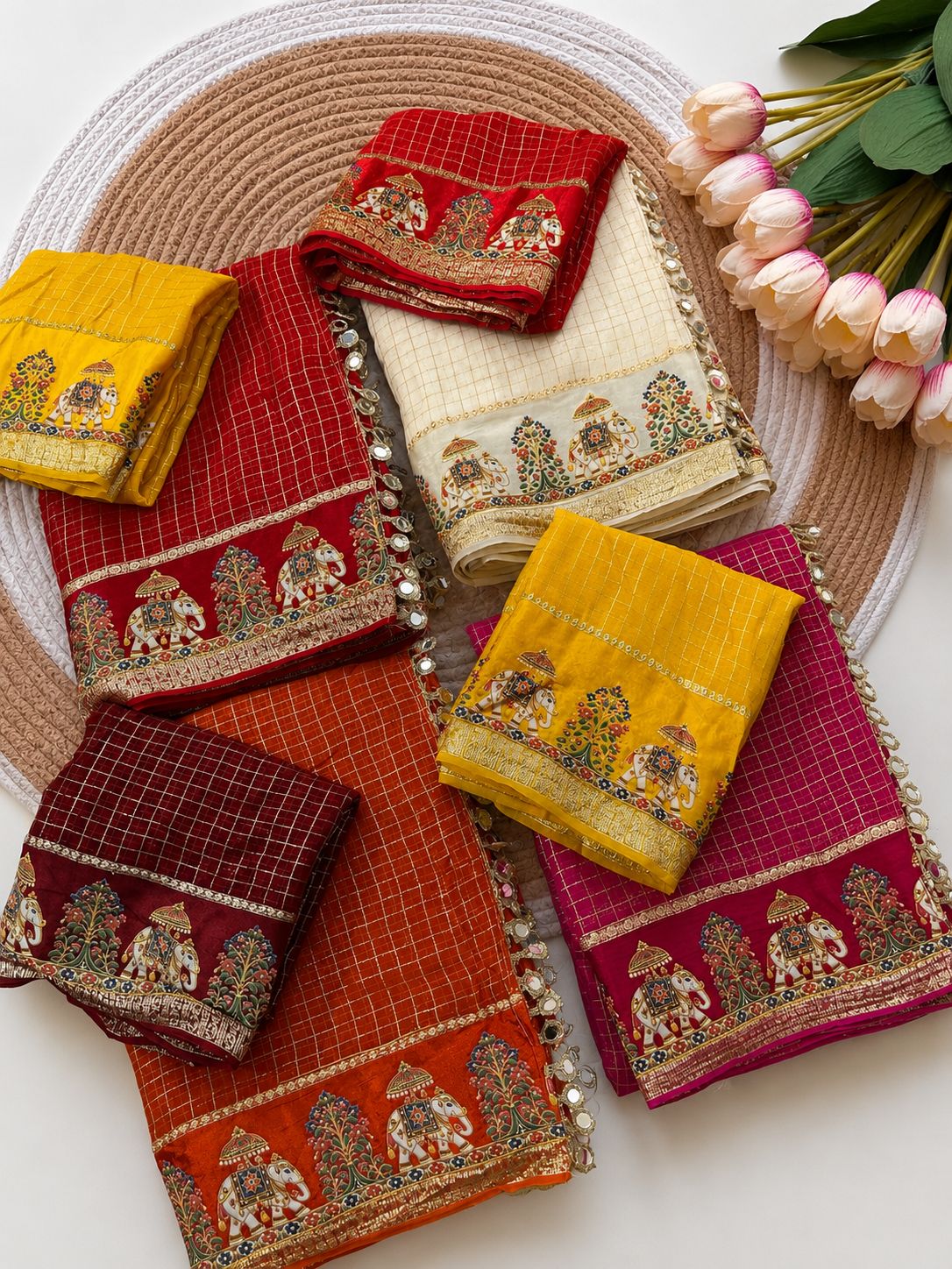 Viscose checks mirror work border saree ✨