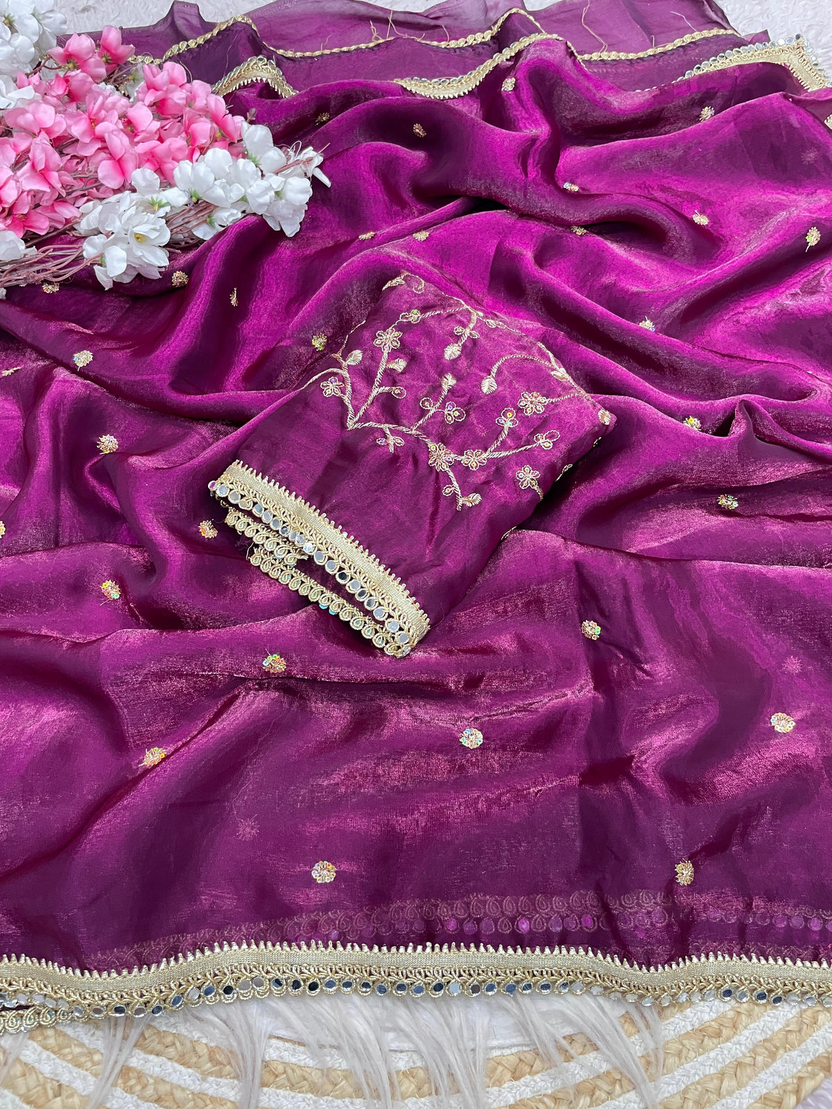 Fandy satin mirror work lace border saree