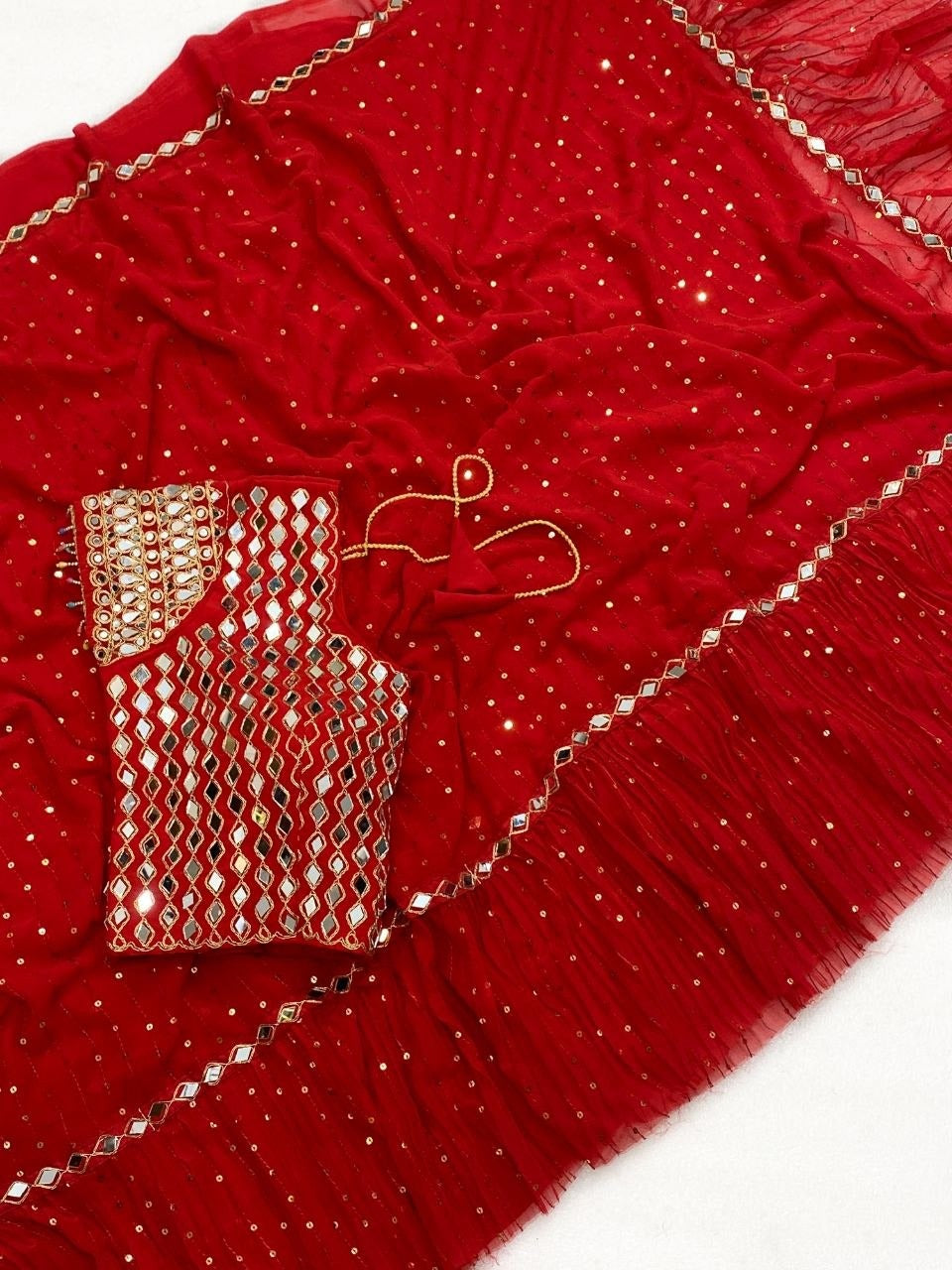 Red real mirror work ruffle saree