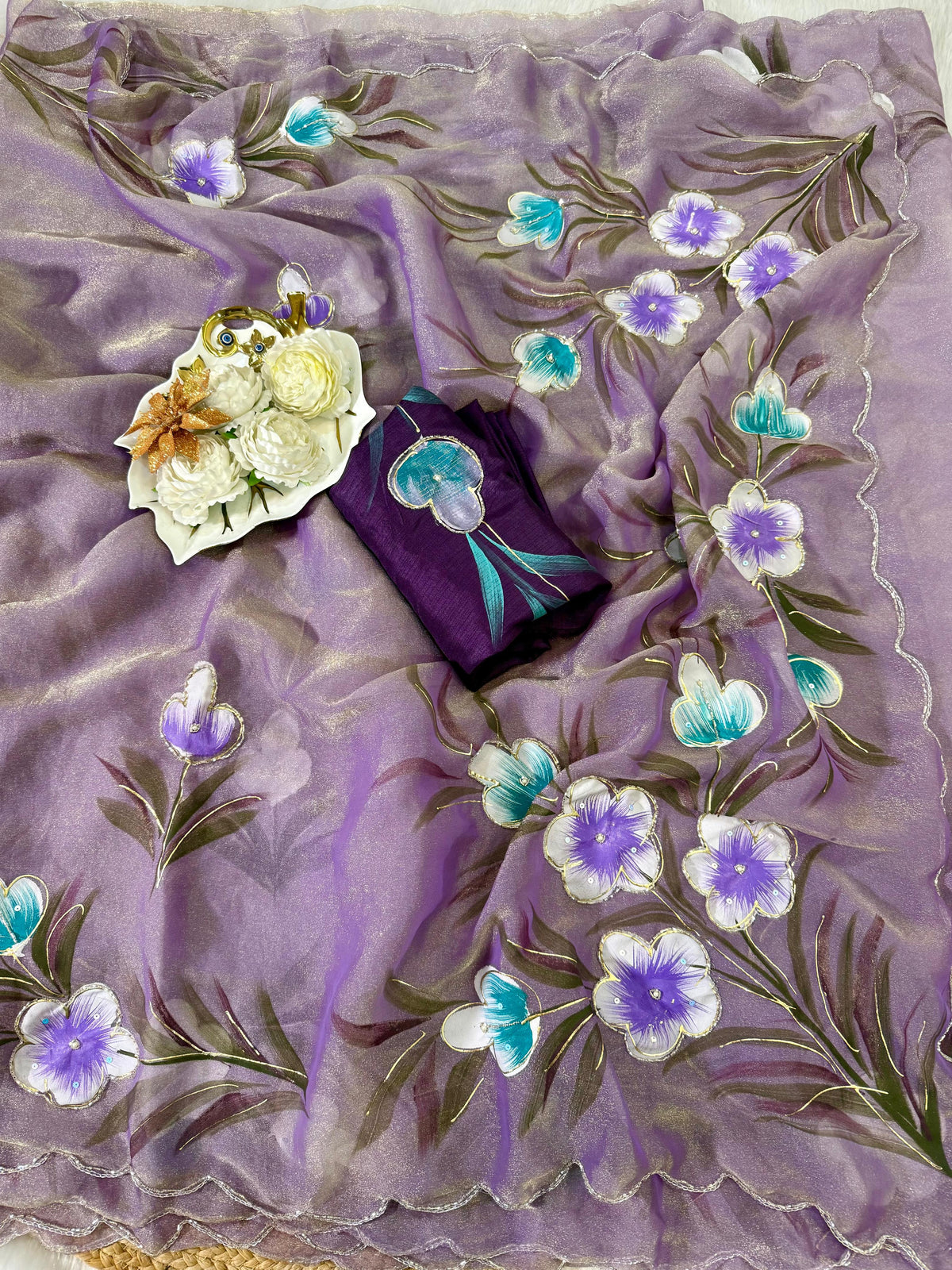 Moss shiffon hand brush flower paint saree