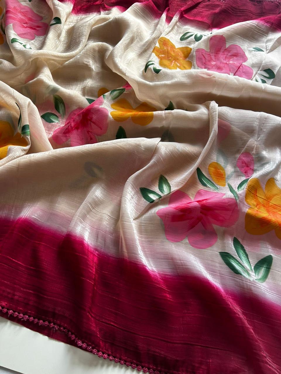 Crunchy silk hand painted saree 🌺