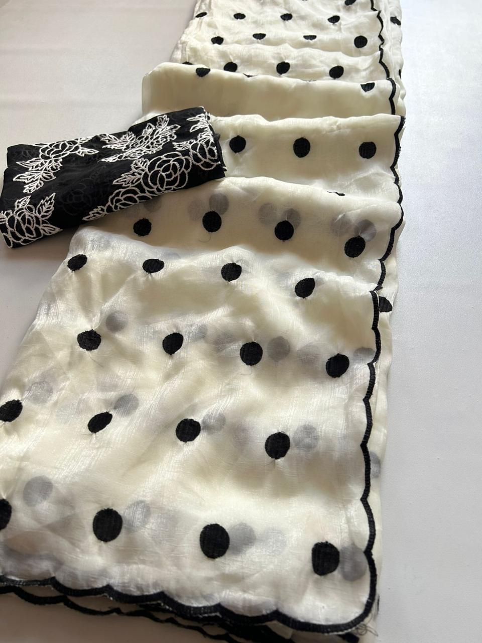Fendy satin polka dots embroidery saree