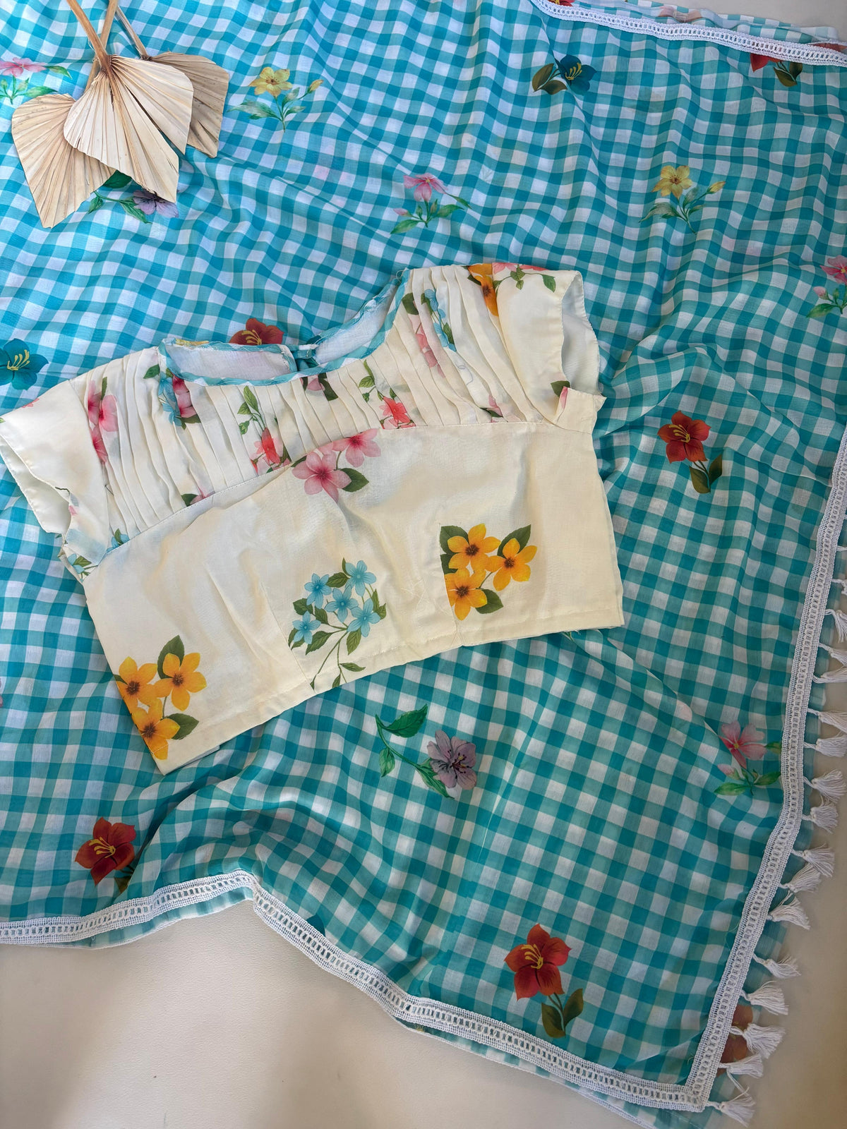 Mull cotton floral printed checks saree with stitched blouse
