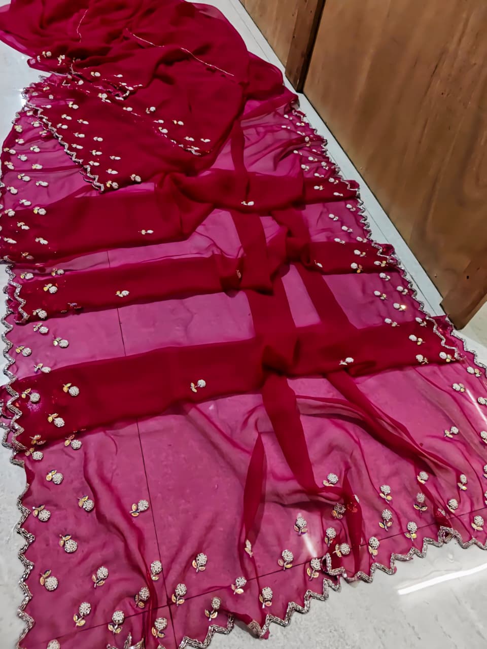 Royal georgette silver beeds work saree ✨