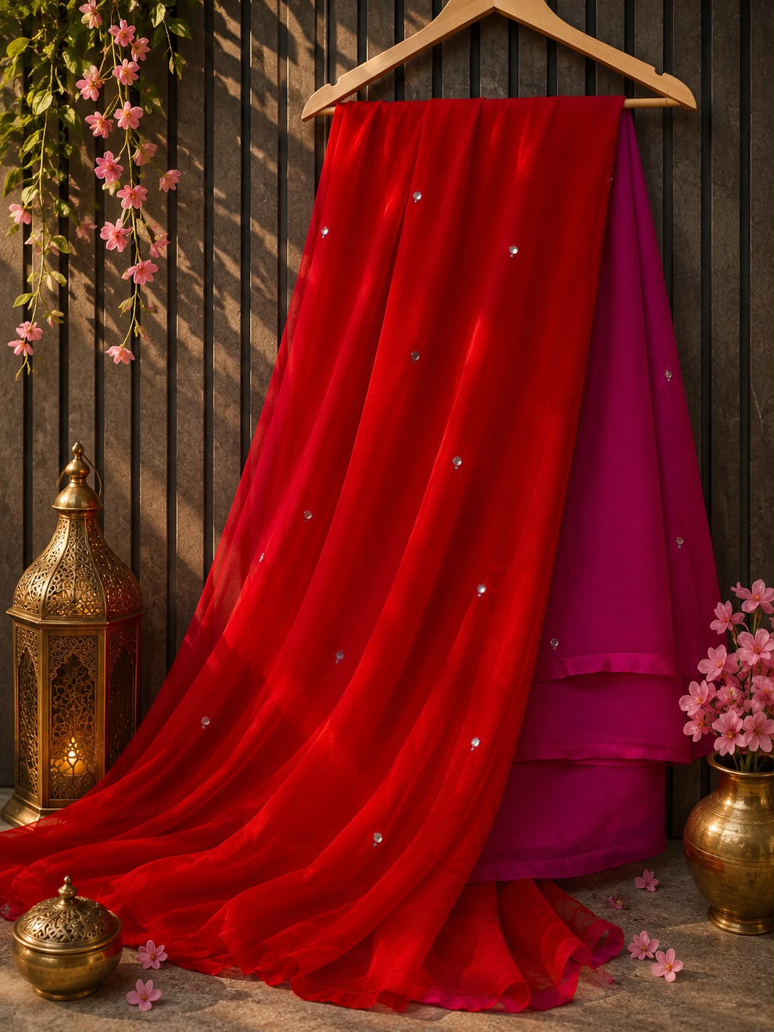Dula shade shiffon mirror work saree