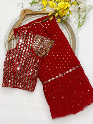 Red real mirror work ruffle saree
