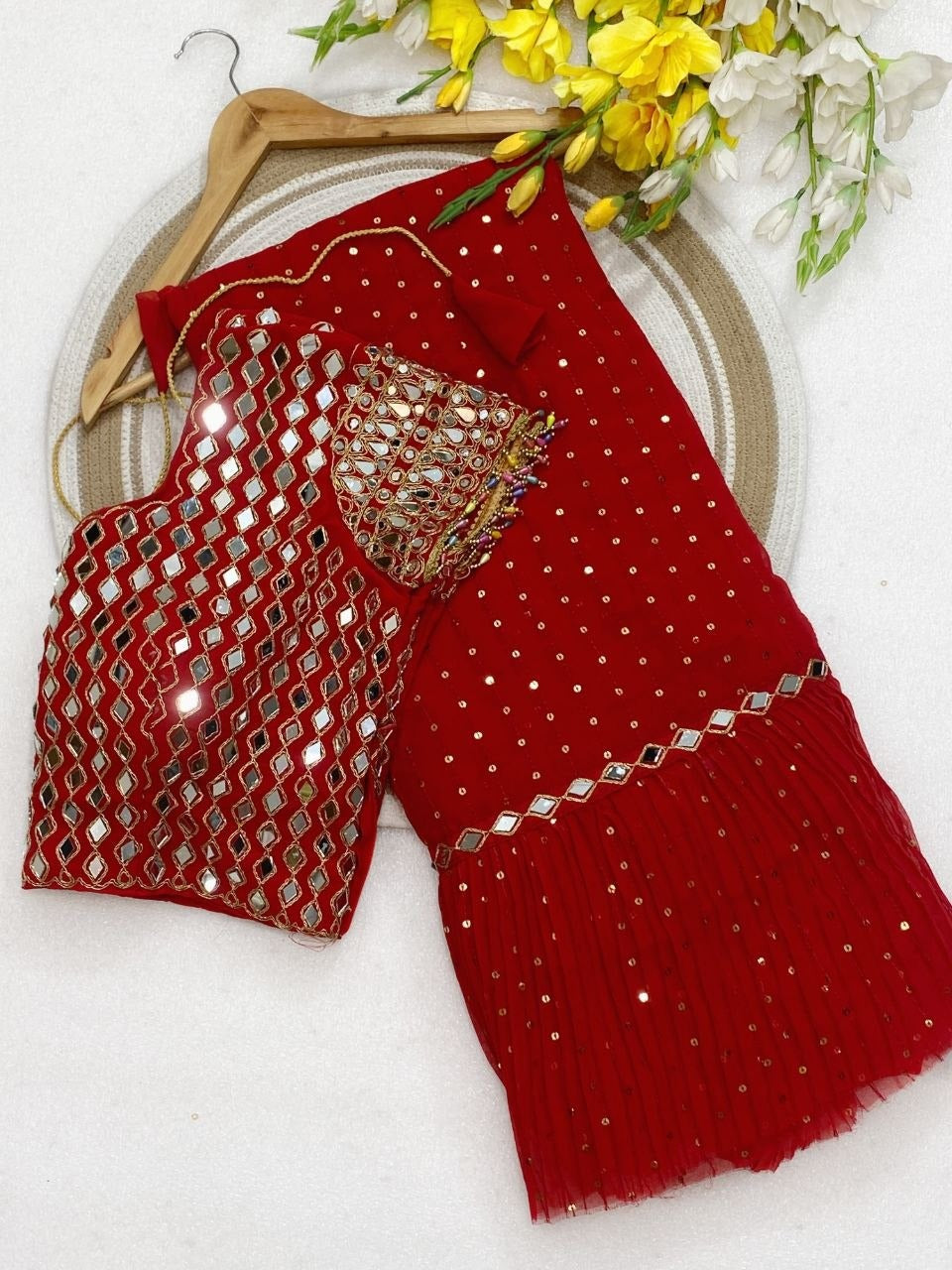 Red real mirror work ruffle saree