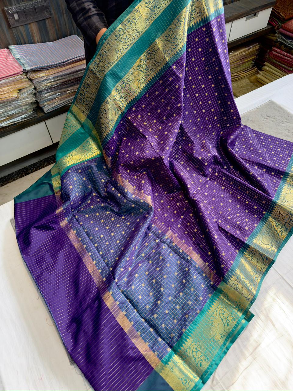 Benaresi soft silk checks buti weaving saree