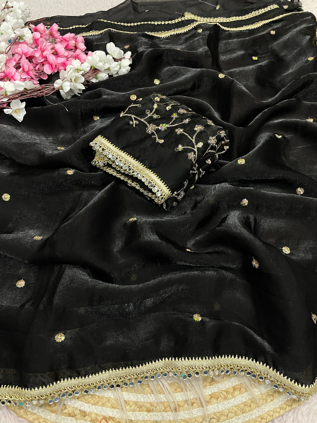 Fandy satin mirror work lace border saree