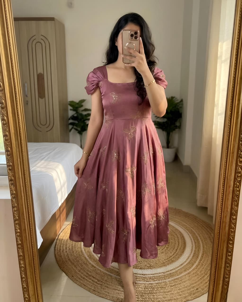 Rangoli silk sparrow beads work gown