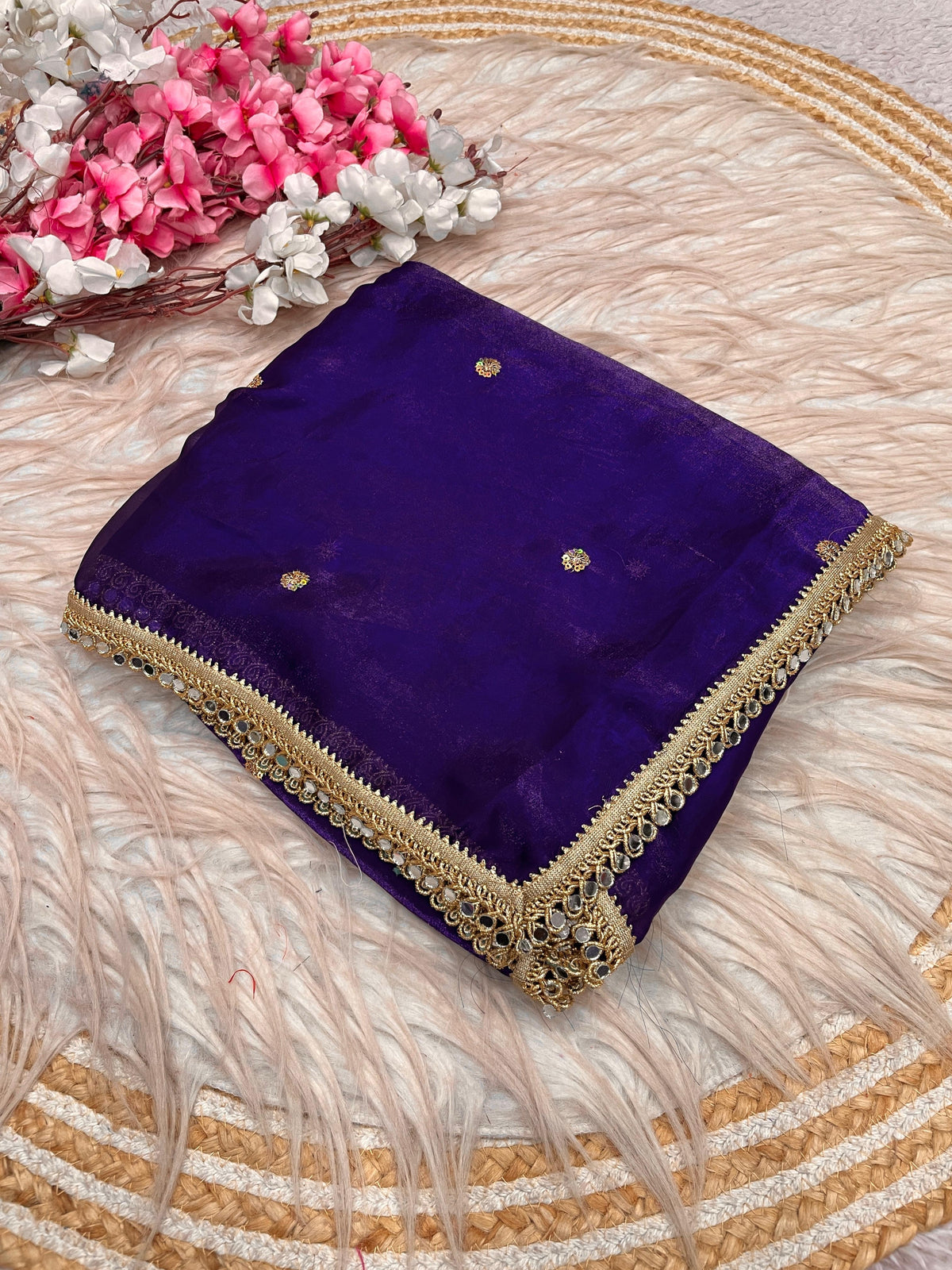 Fandy satin mirror work lace border saree