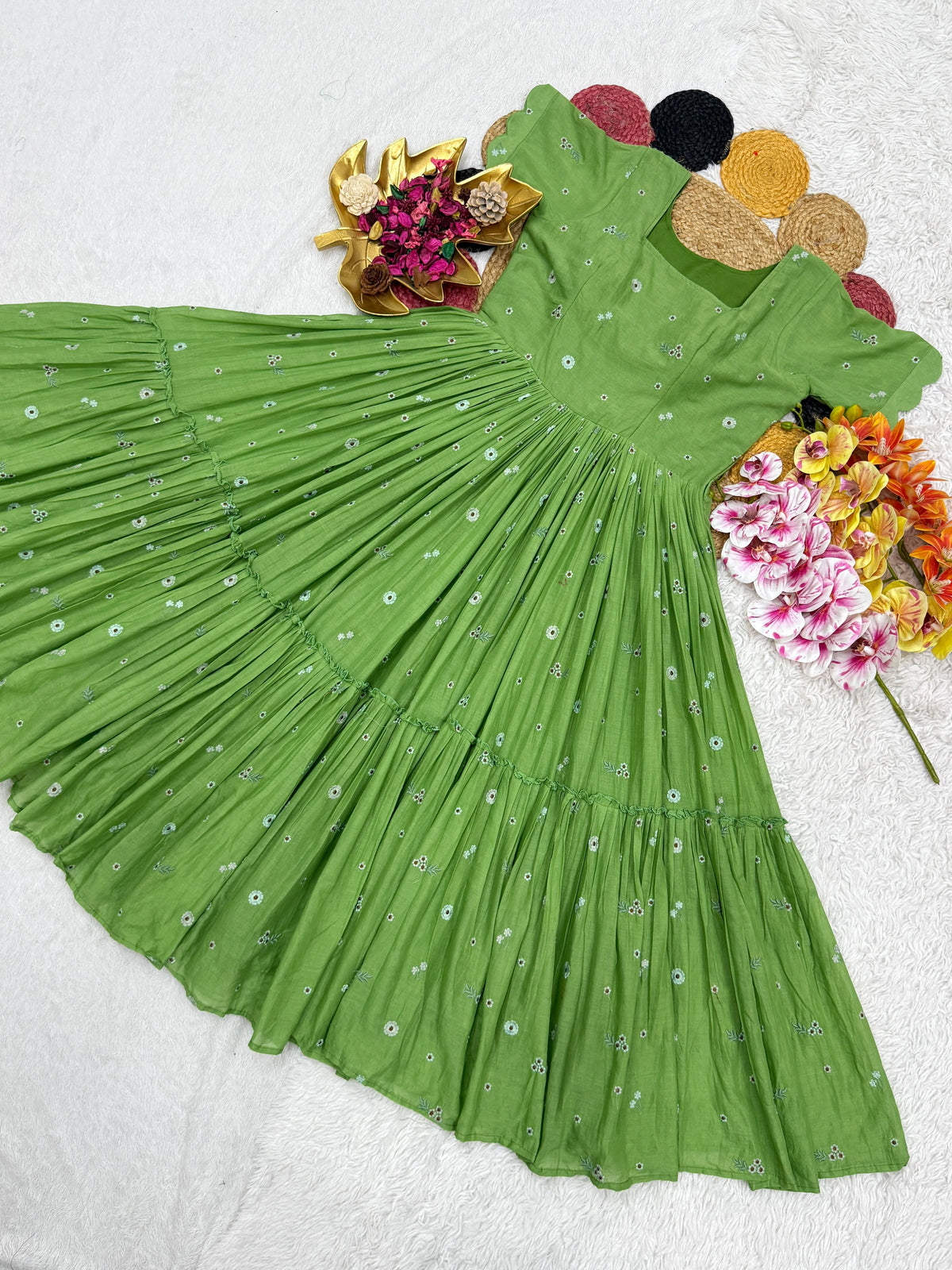 Summer special mull chenderi flower embroidery gowns