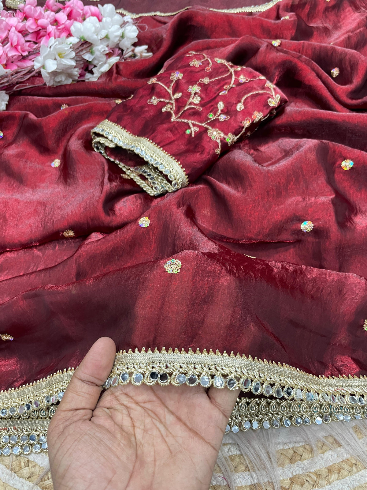 Fandy satin mirror work lace border saree