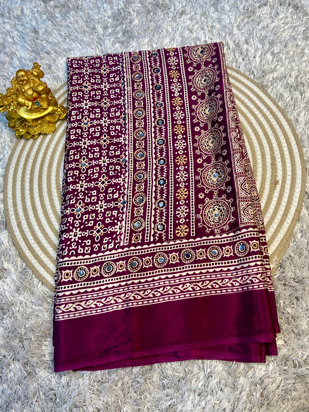 Ajrak model soft crepe silk mirror work saree