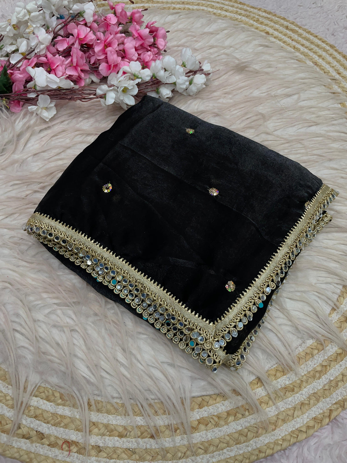 Fandy satin mirror work lace border saree