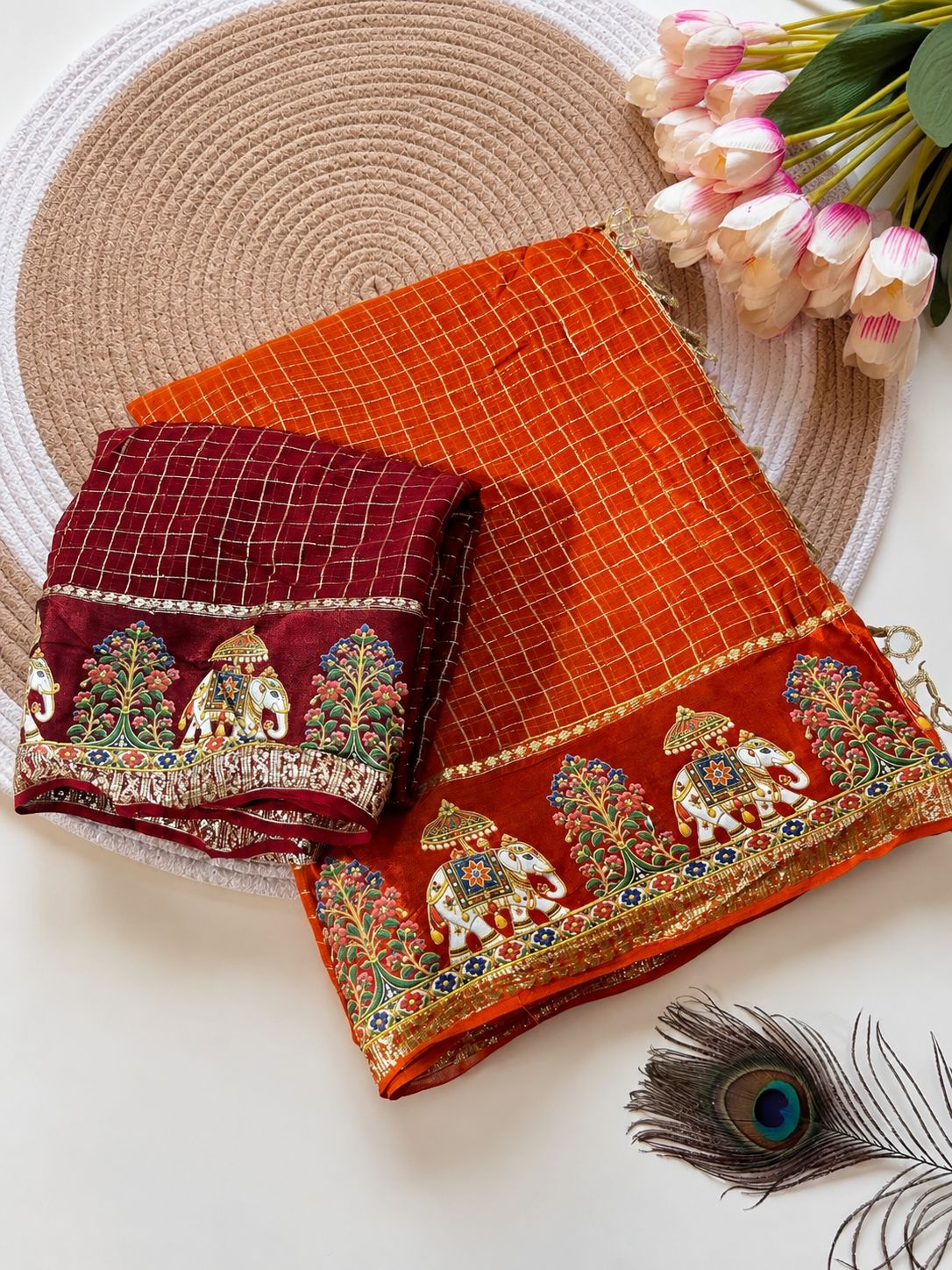 Viscose checks mirror work border saree ✨