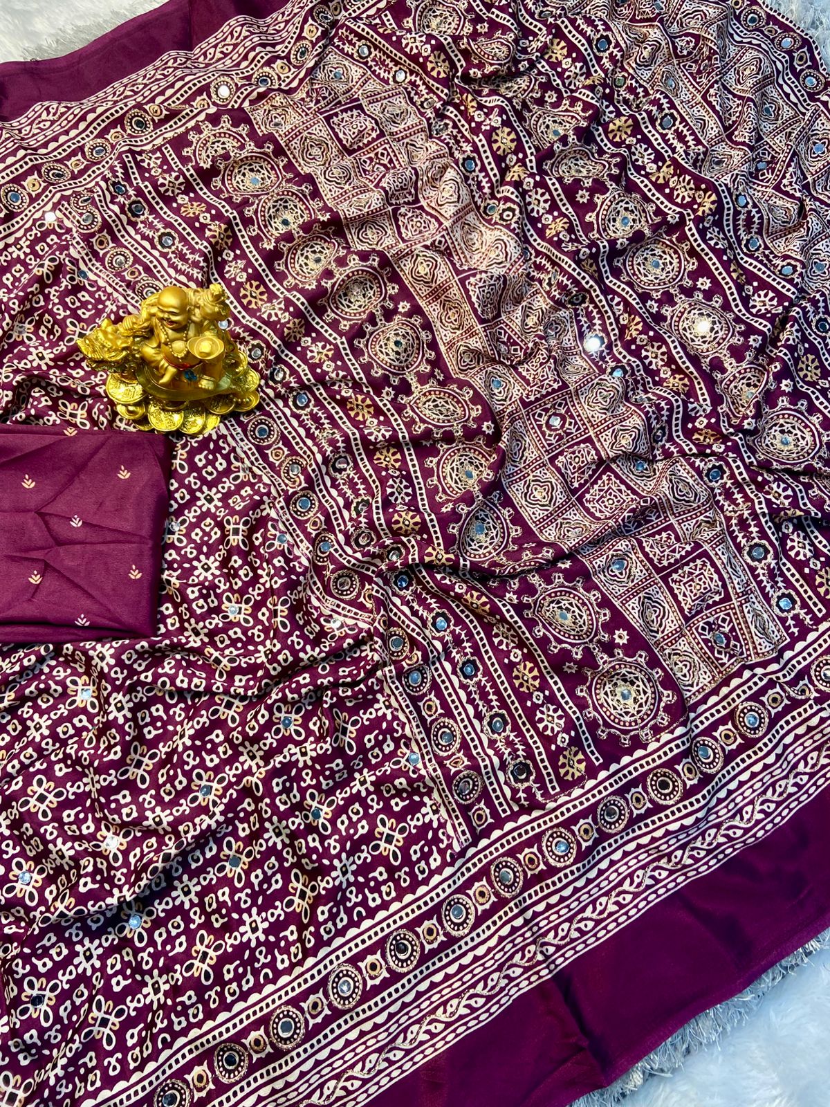 Ajrak model soft crepe silk mirror work saree