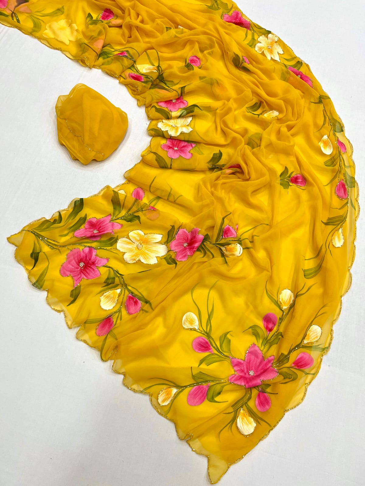 Soft pure shiffon hand work brush paint saree