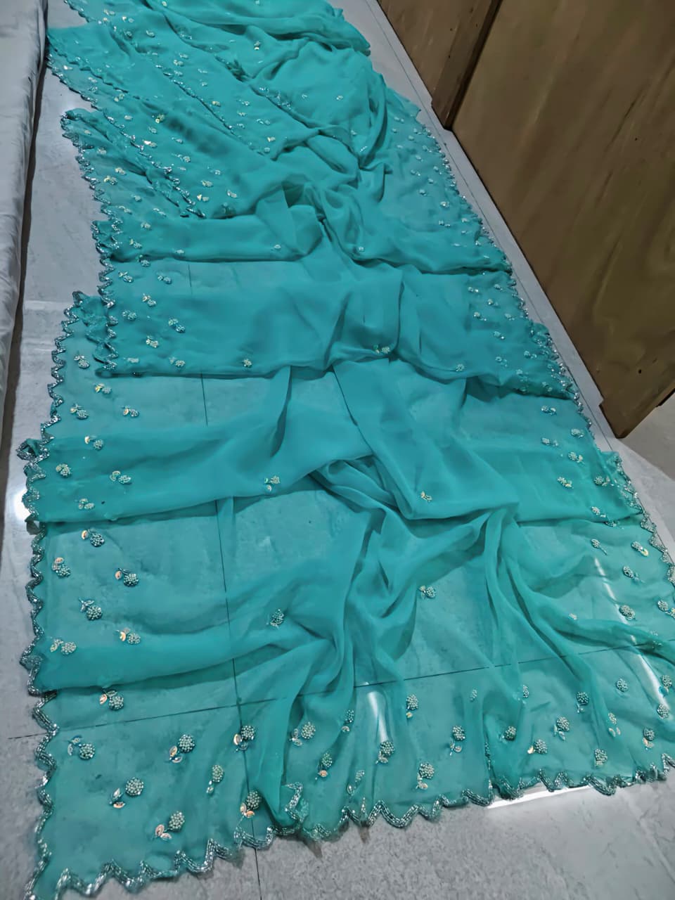 Royal georgette silver beeds work saree ✨