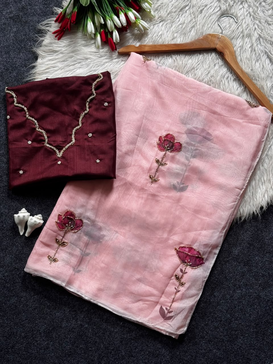 Soft Tabi flower print organza Saree ✨
