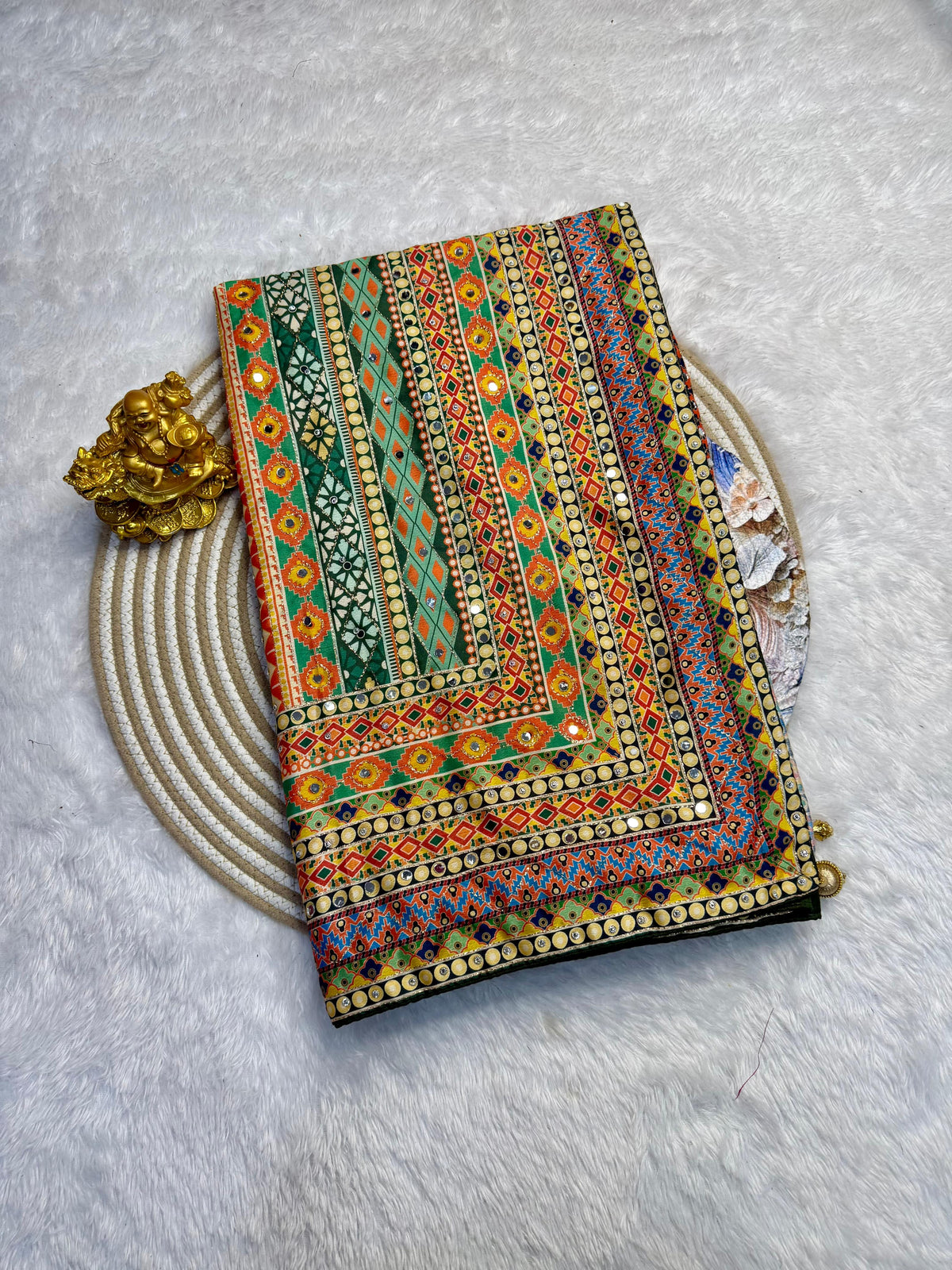 Soft chinnon Azrak mirror work sarees