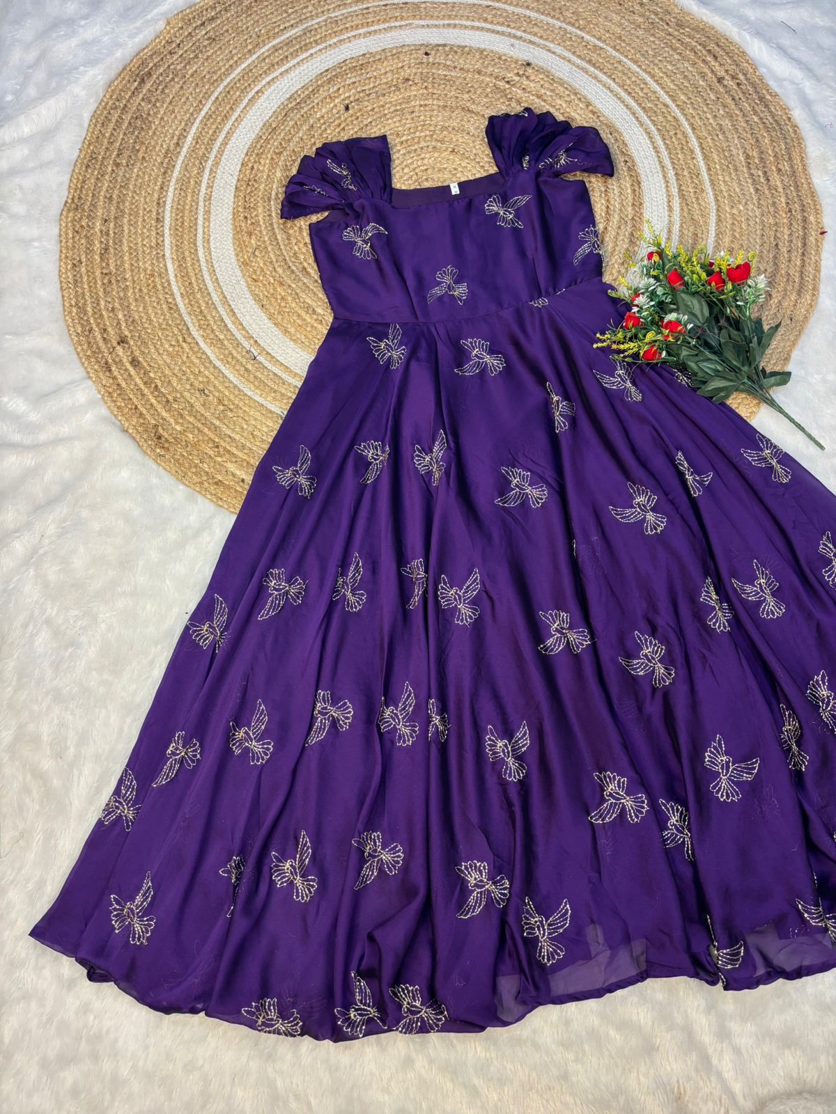Rangoli silk sparrow beads work gown