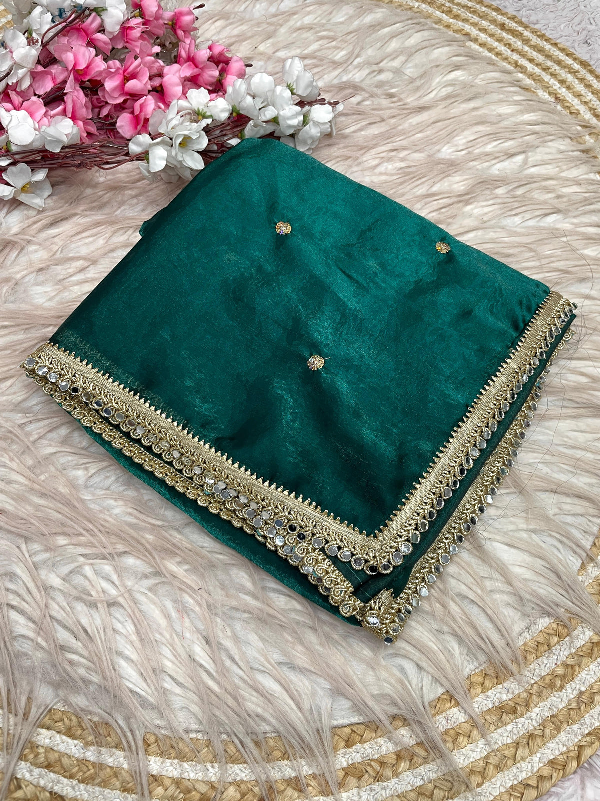 Fandy satin mirror work lace border saree