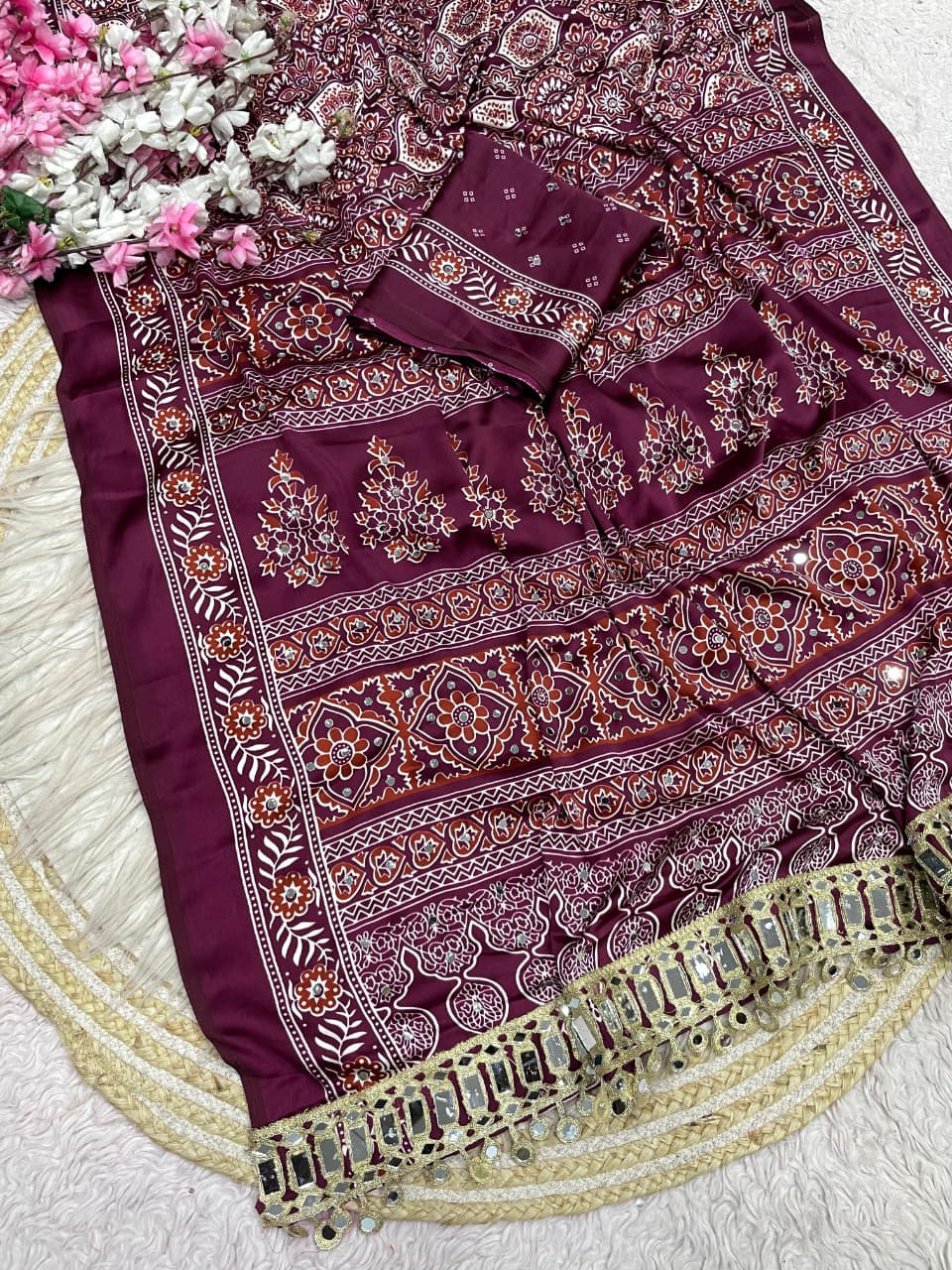 Ajrak satin viscose silk saree ✨