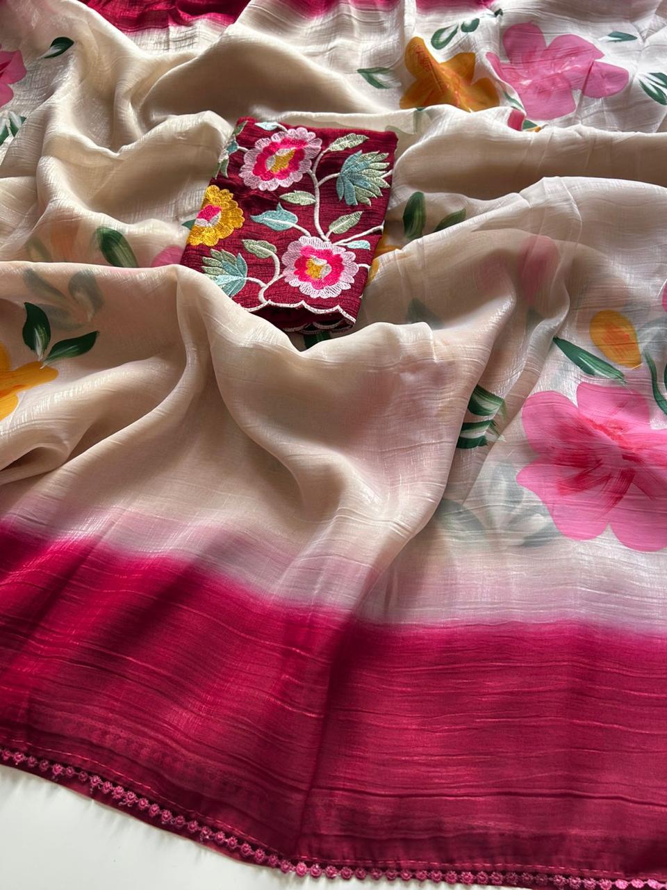 Crunchy silk hand painted saree 🌺