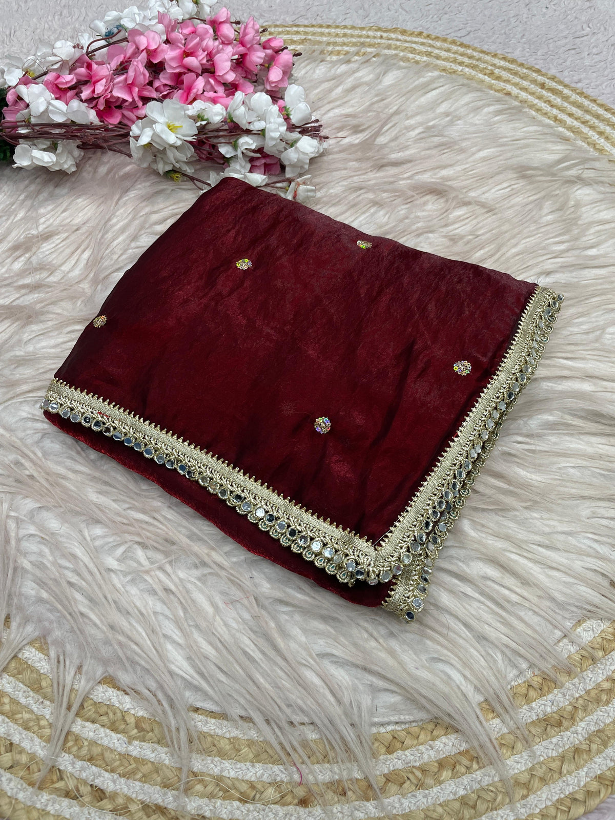 Fandy satin mirror work lace border saree