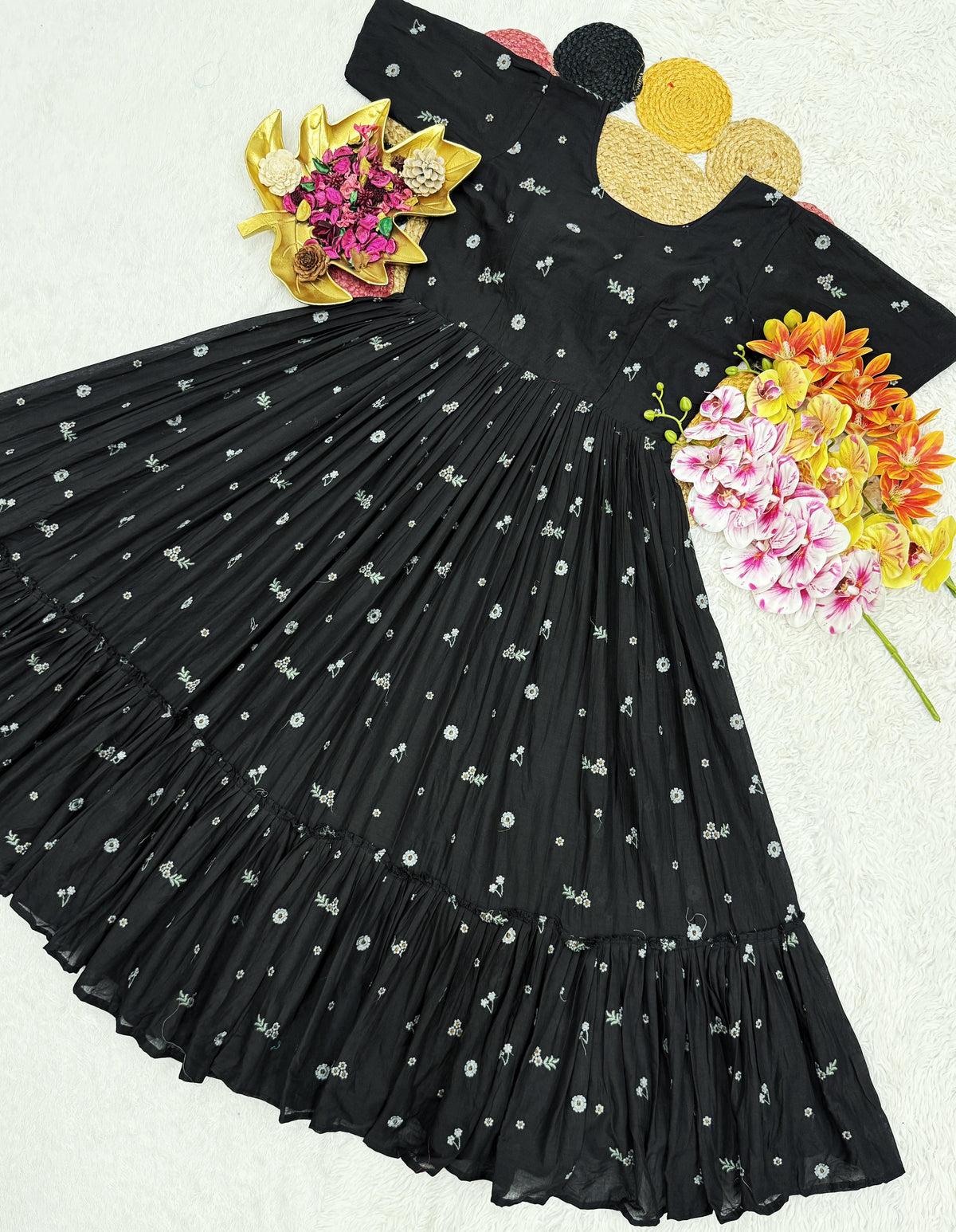 Summer special mull chenderi flower embroidery gowns