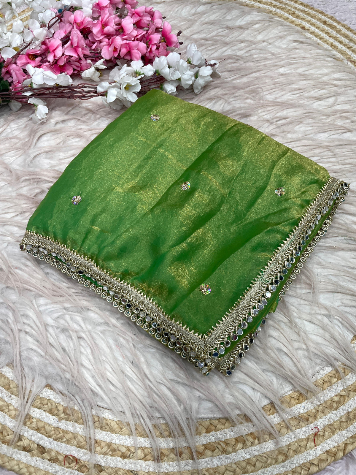 Fandy satin mirror work lace border saree