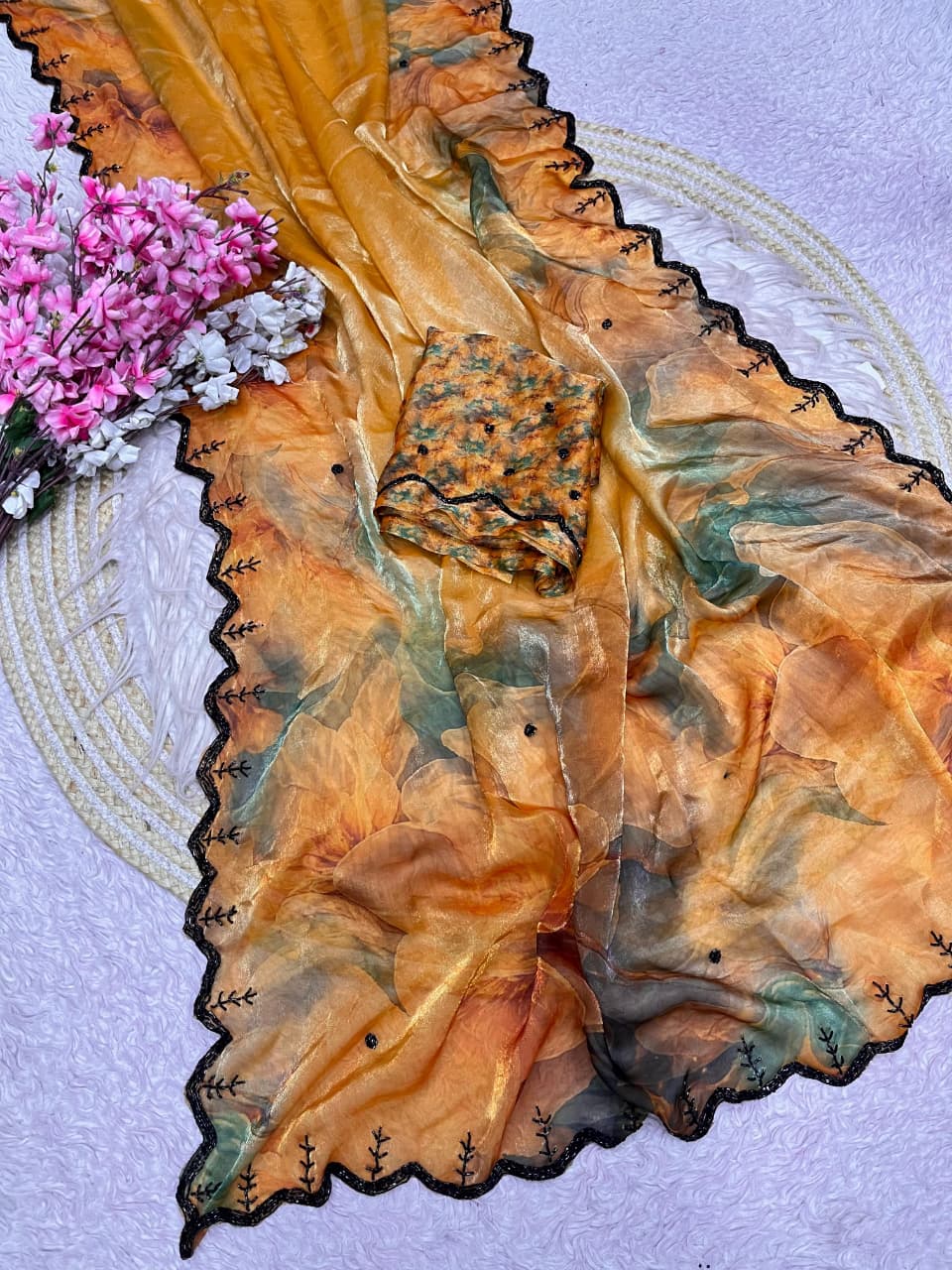 Digital print space satin silk saree✨