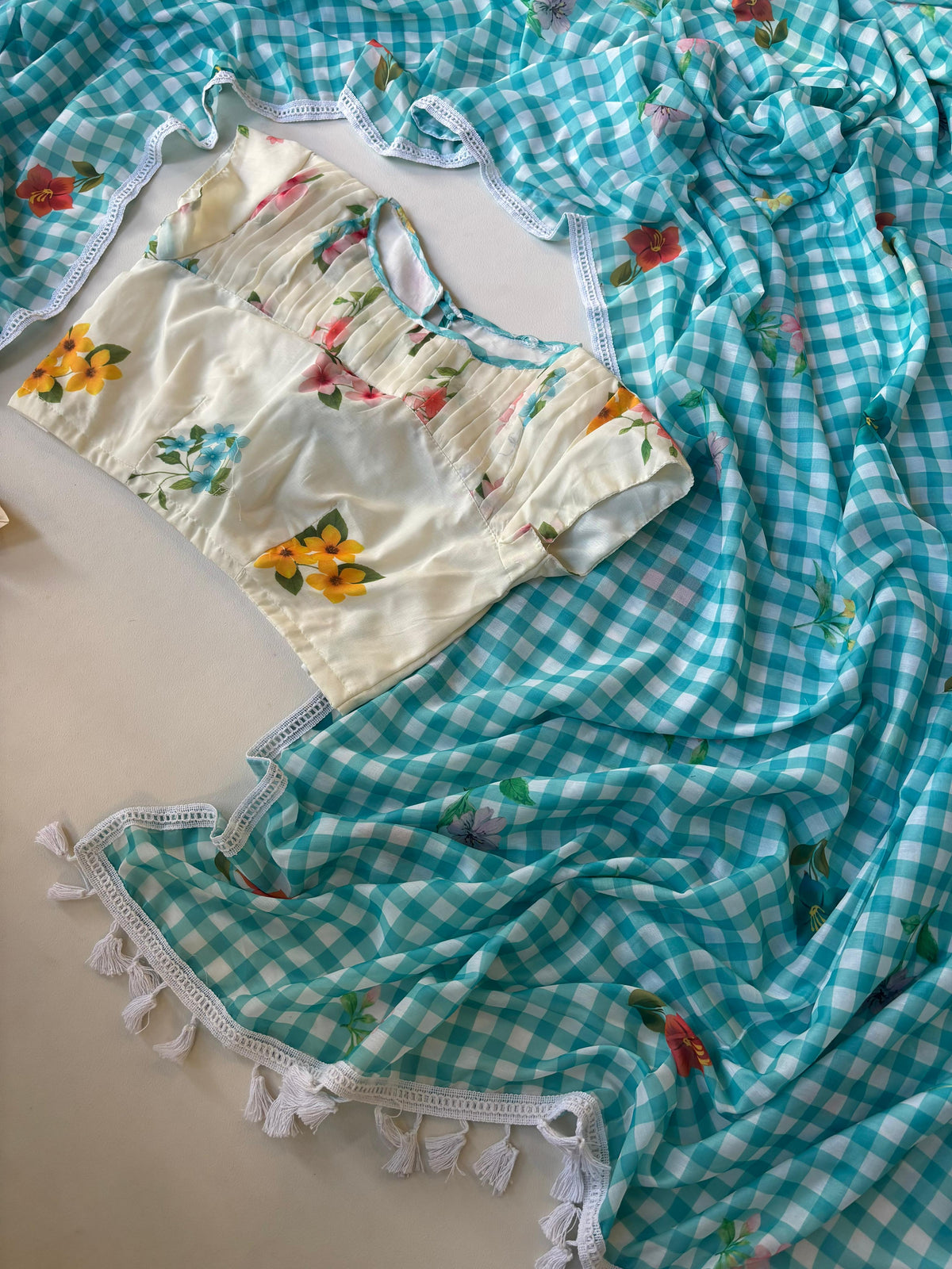 Mull cotton floral printed checks saree with stitched blouse