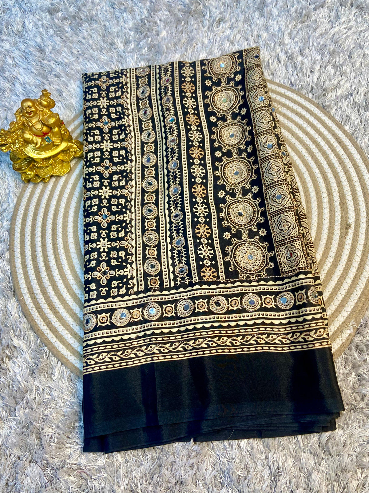 Ajrak model soft crepe silk mirror work saree