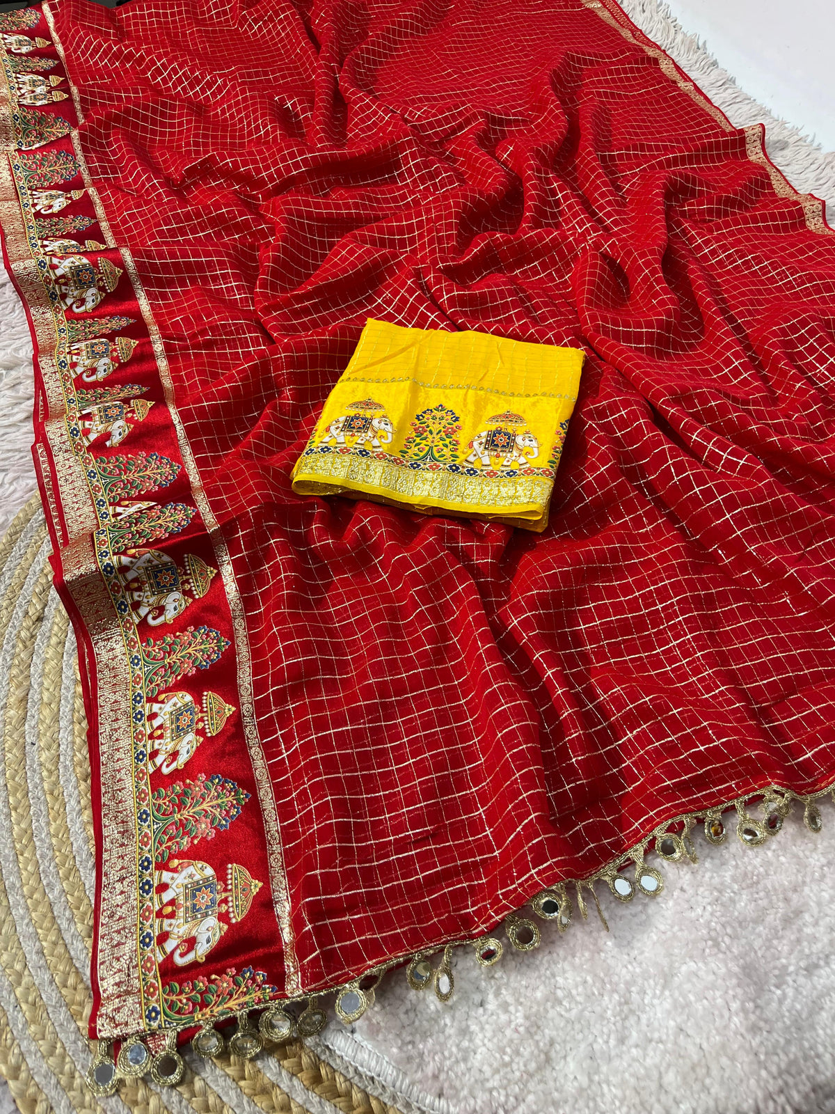 Viscose checks mirror work border saree ✨