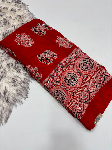 Pure Ajrakh Satin Viscose Silk Saree