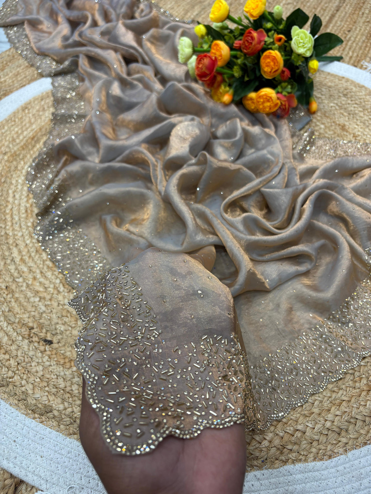 Space silk jarkhana stone work saree ✨