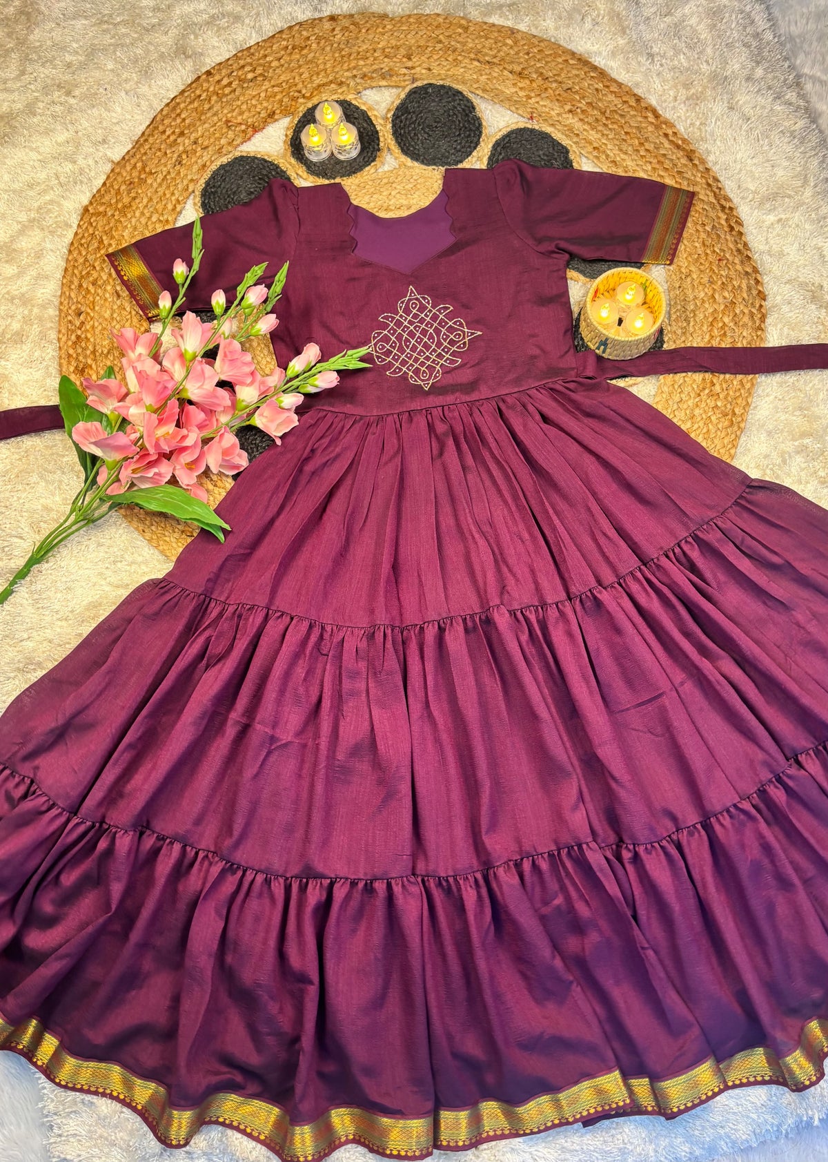 Vichitra silk kolam design Frock ✨