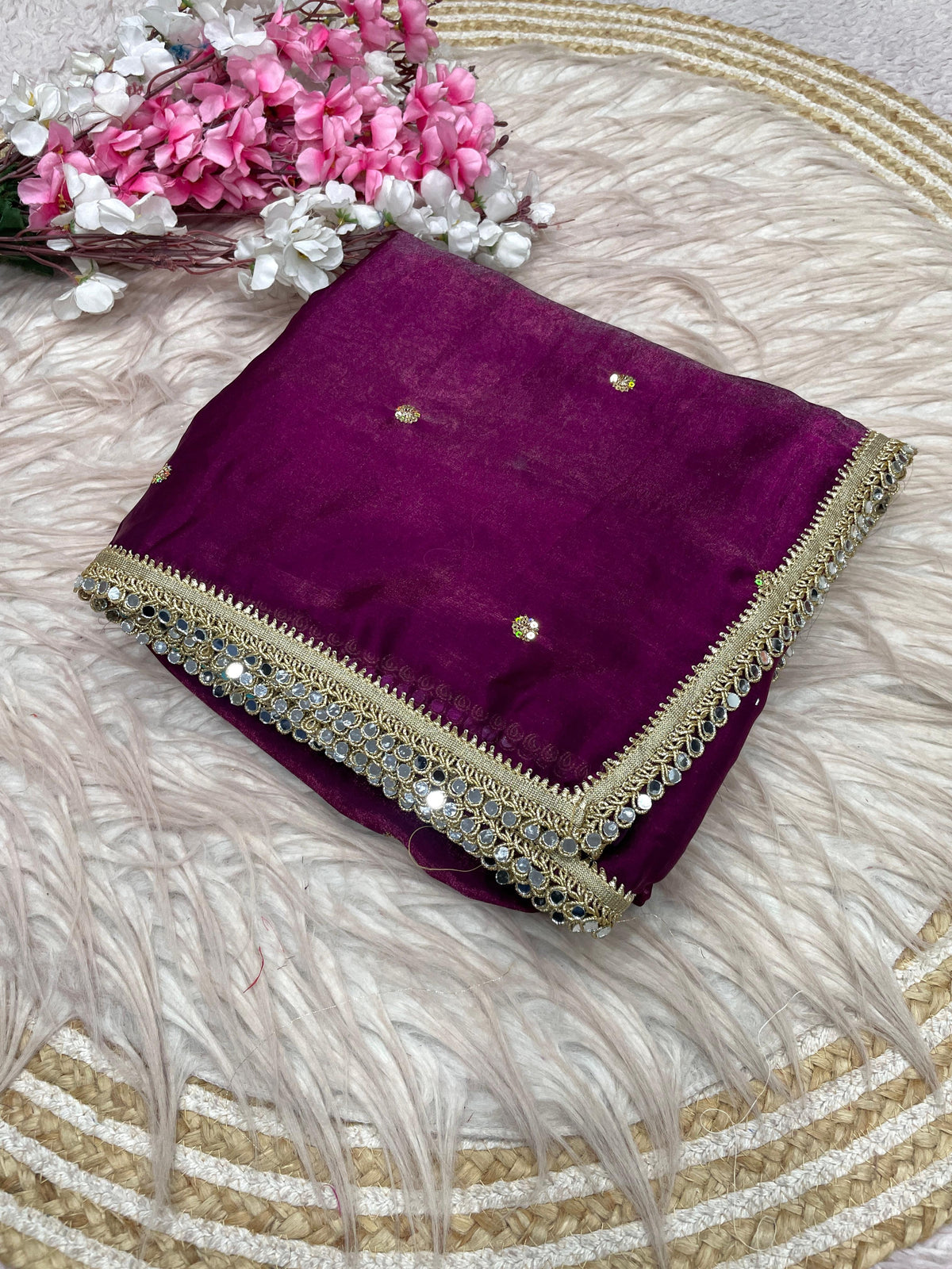 Fandy satin mirror work lace border saree