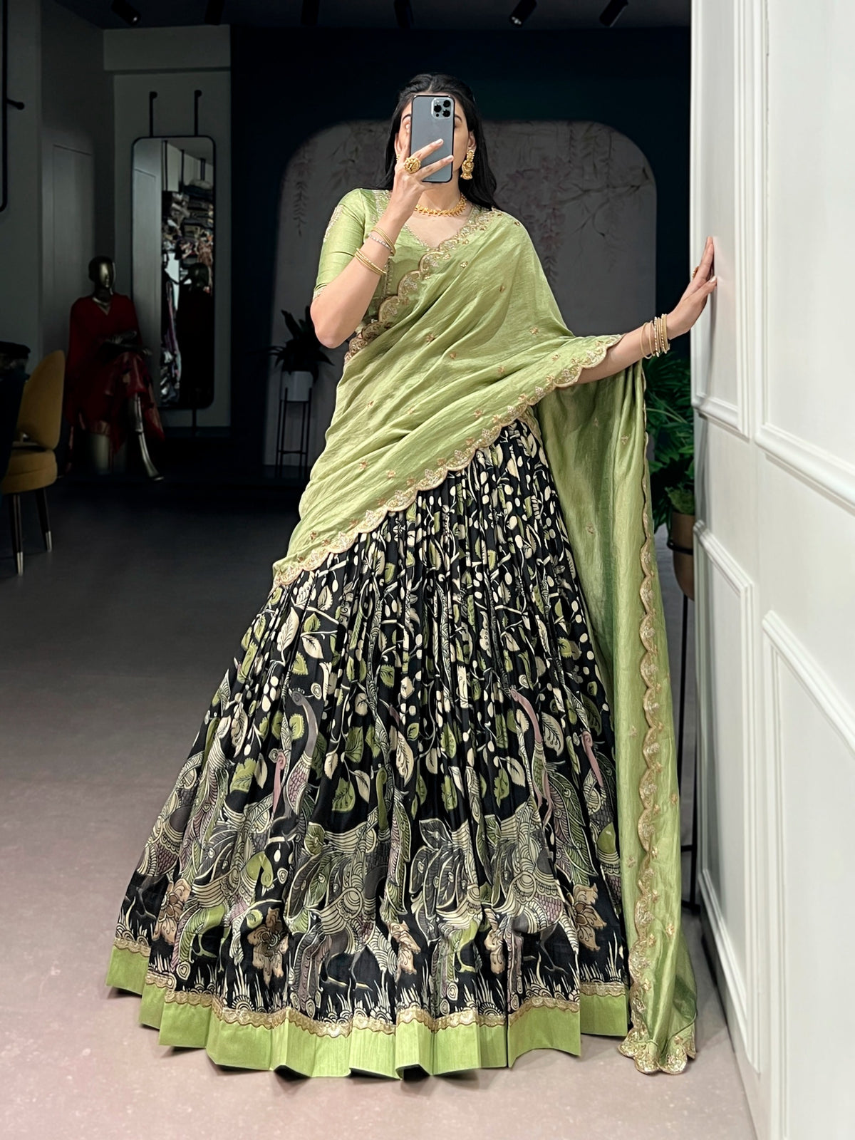 Tissue silk kalamkari lehenga set