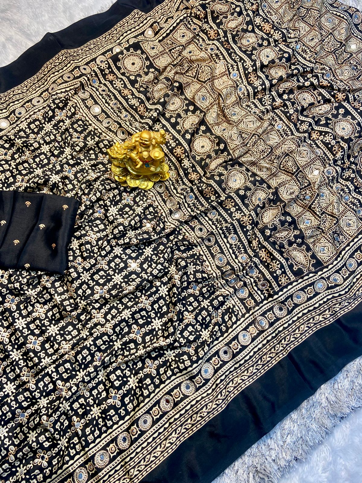 Ajrak model soft crepe silk mirror work saree