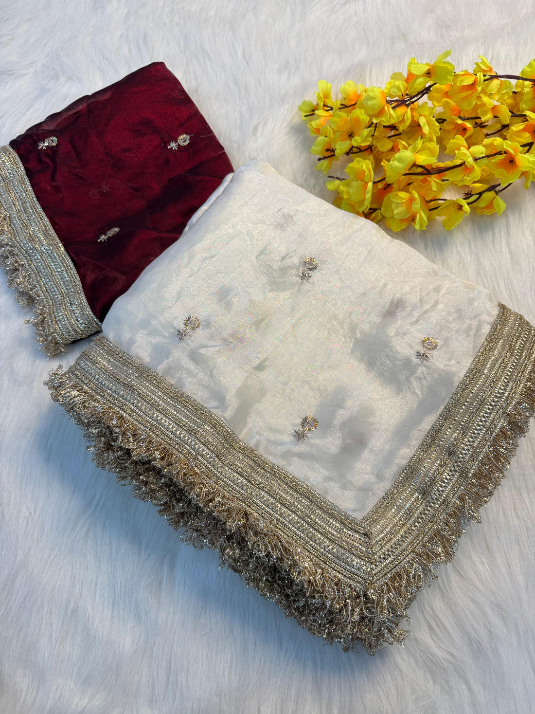 Fendy satin embroidery buti saree with sabhyasachi lace