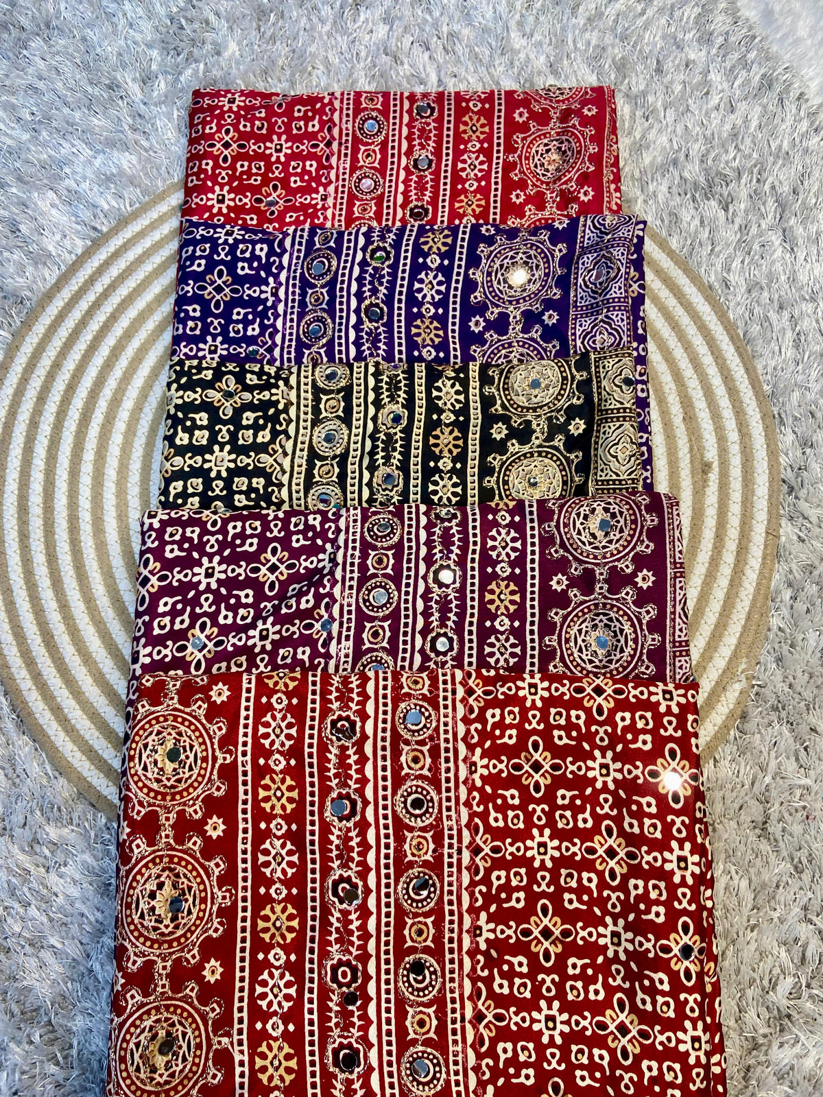 Ajrak model soft crepe silk mirror work saree