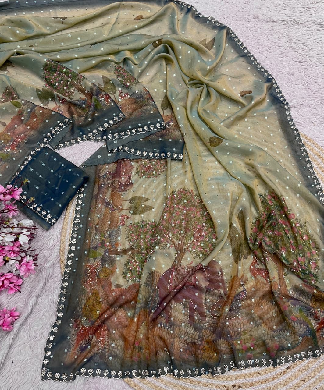 Digital print moss zarkhana work saree ✨